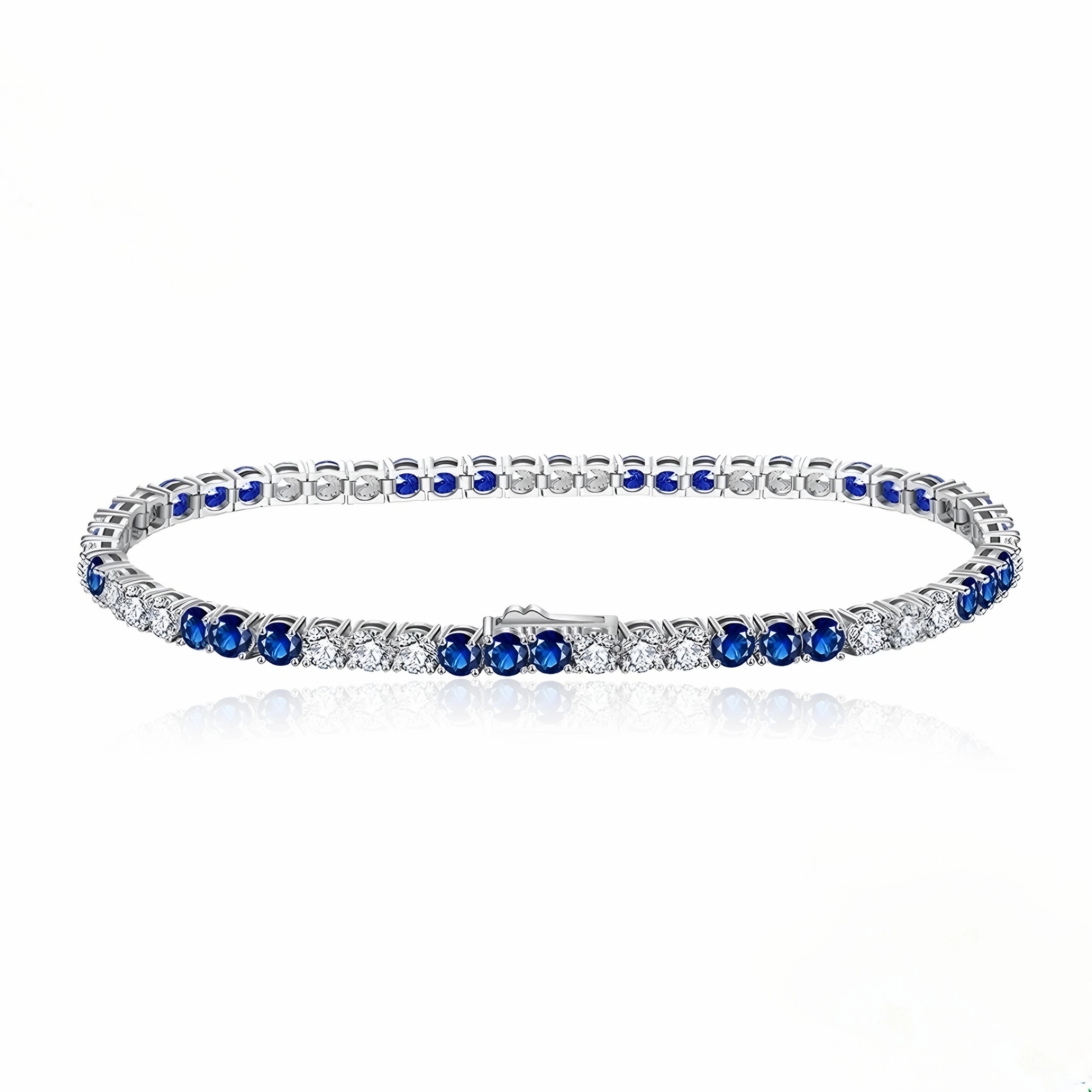Comfort Mood Stylish Sparkle Sterling Silver 3 Alternating Sapphire and Clear 3mm CZ Bracelet