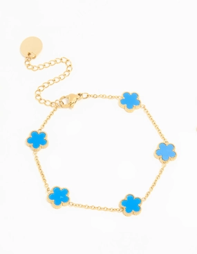Soft Spark Waterproof Gold Plated Stainless Steel Blue Inlay Flower Petals Charm Bracelet