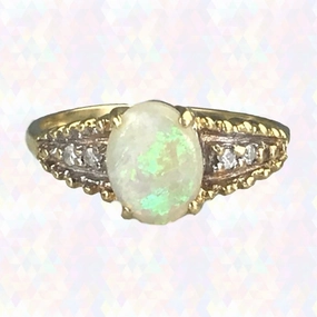 Delicate Layer Vintage Opal Diamond Engagement Ring. 14K Gold. October Birthstone. 14th Anniversary.