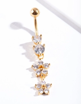 Gold Surgical Steel Statement Flower Drop Belly Bar Textured Highlight True Accent