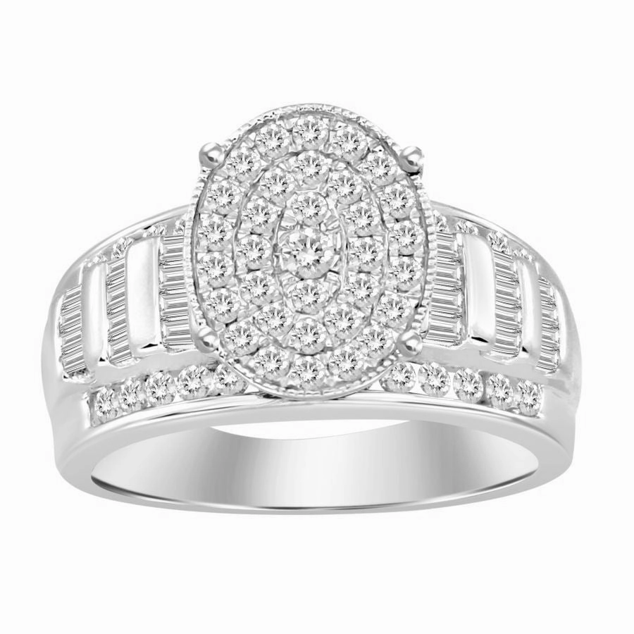 LADIES RING 1.00CT ROUND/BAGUETTE DIAMOND 10K WHITE GOLD muted tone