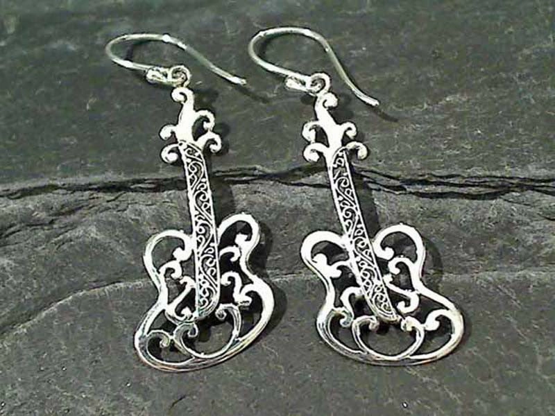 Sterling Silver Guitar Earrings Vintage Detail