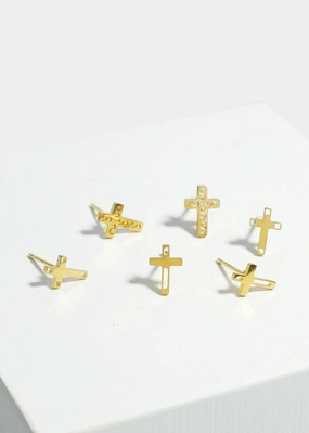 3-Pair Cross Stud Earrings Structured Design Classic Sparkle
