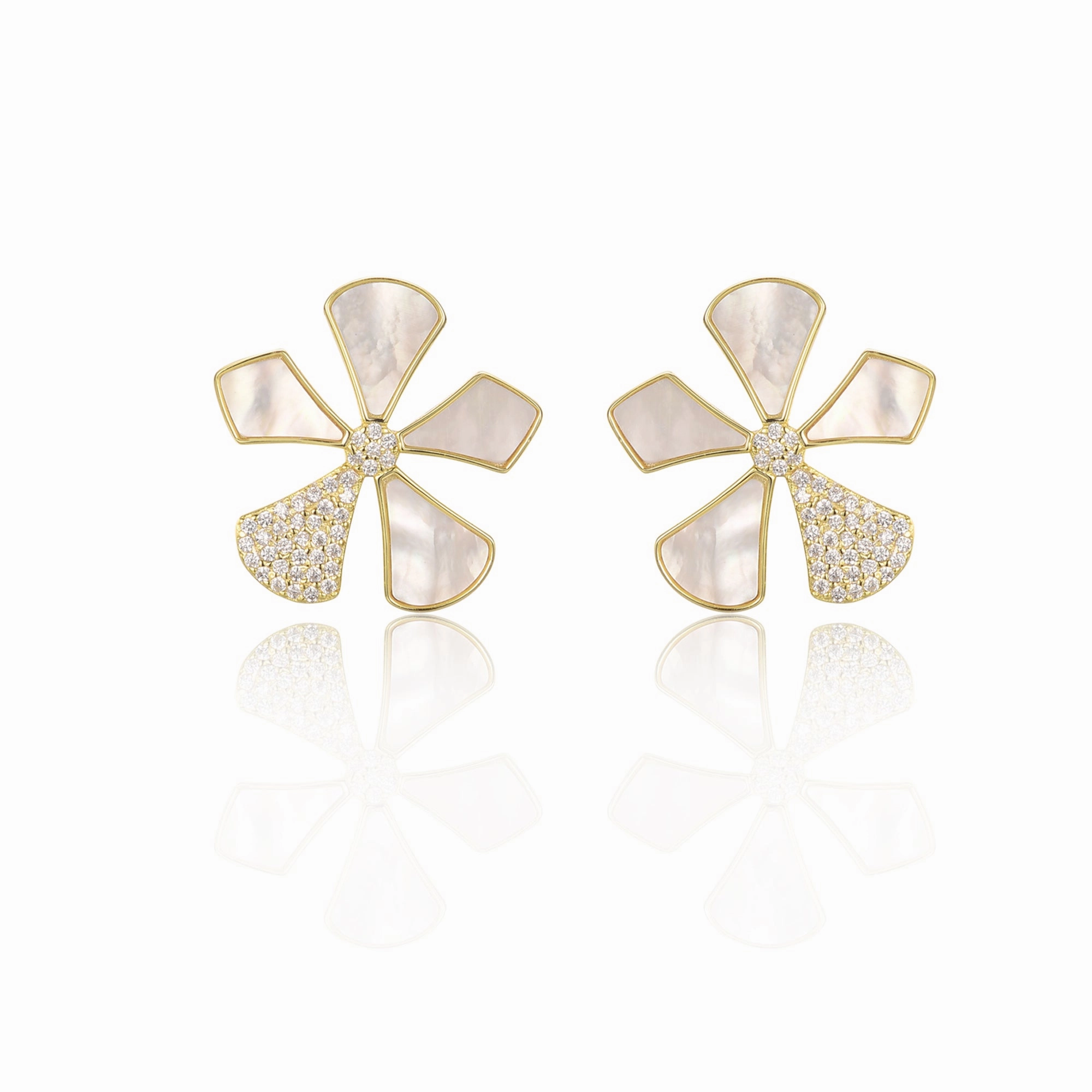 Textured Feature Sterling Silver Gold Plated Mother of Pearl And CZ Five Petal Flower Stud Earrings