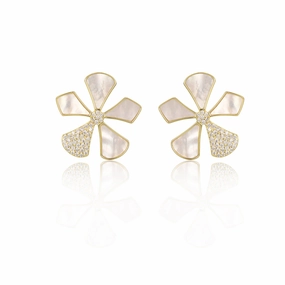 Textured Feature Sterling Silver Gold Plated Mother of Pearl And CZ Five Petal Flower Stud Earrings