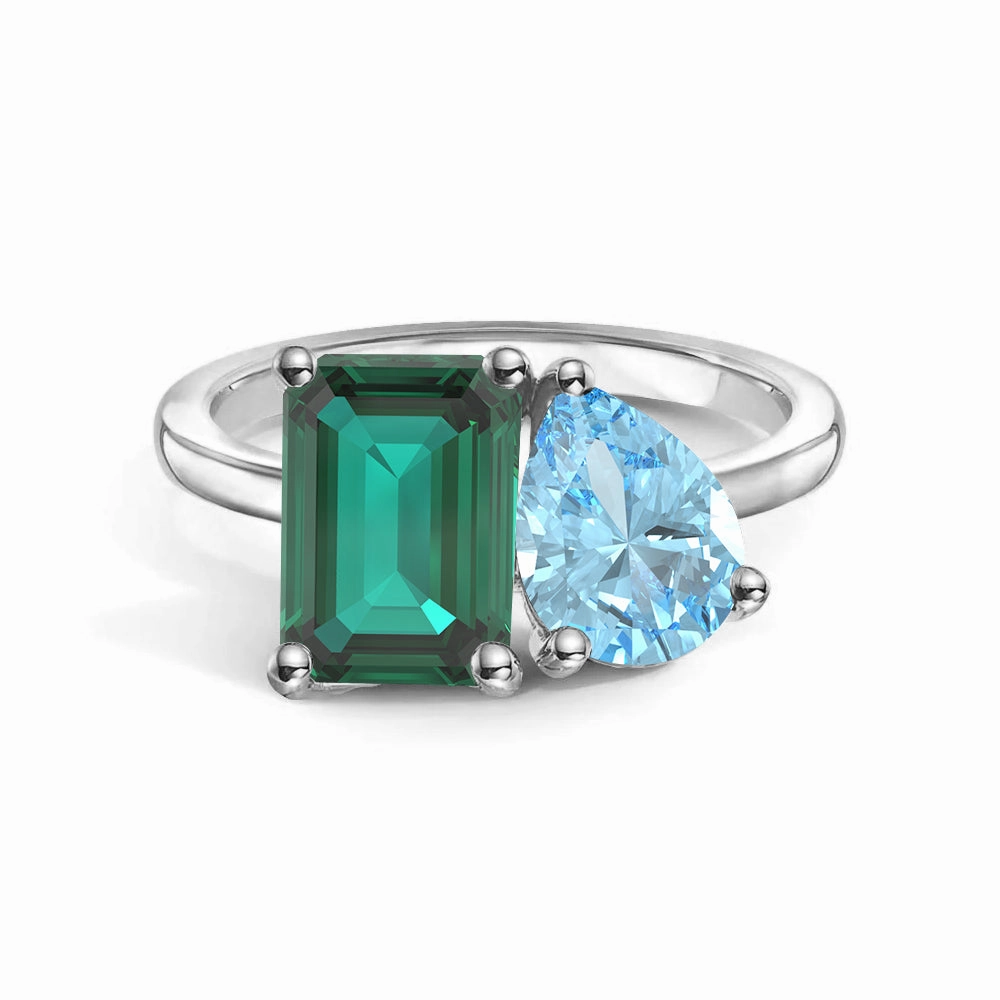 Layered Detail Toi et Moi Personalized Emerald Birthstone Anniversary Ring
