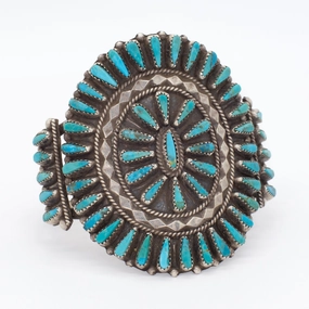 Distinctive Touch Tommy Lowe Navajo Handmade Sterling Silver Turquoise Petit Point Cuff Bracelet