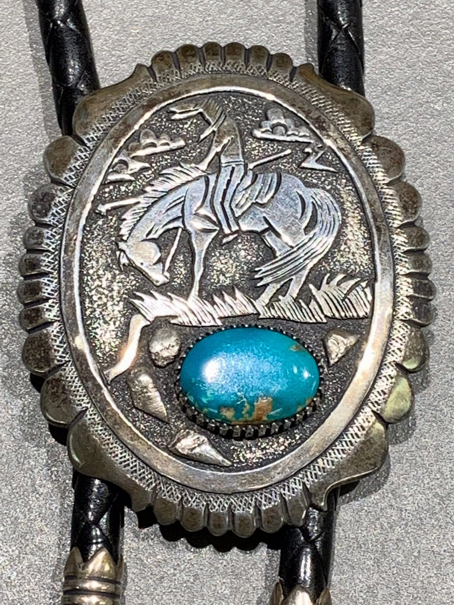 Understated Mood Trend Focus Tommy Singer Navajo ??End of the Trail?? Sterling Silver Turquoise Bolo