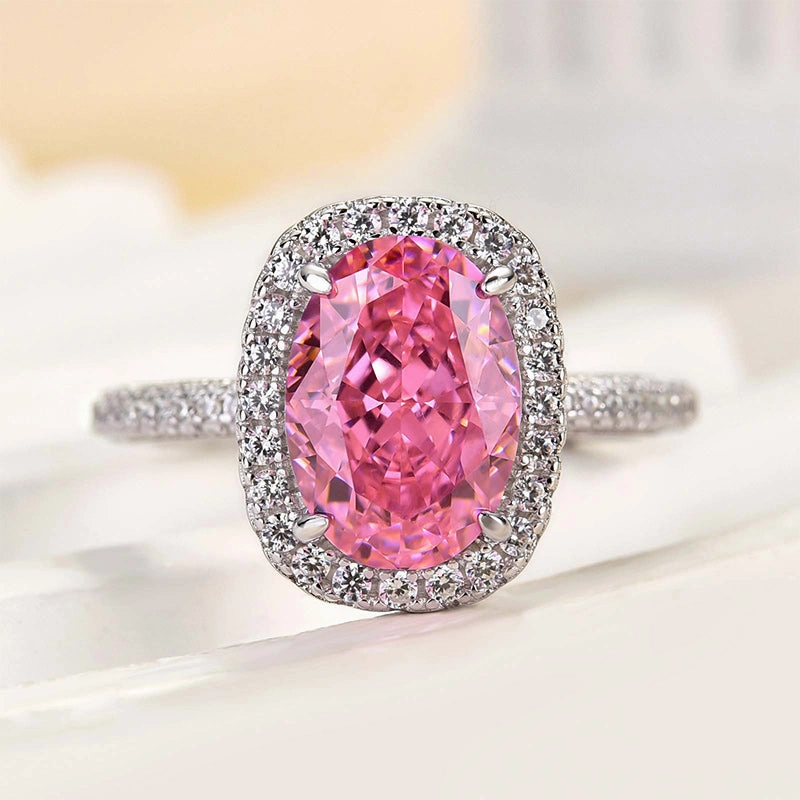 Classic Item Louily Special Pink Stone Halo Oval Cut Engagement Ring