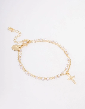 Brand New View Gold Plated Diamante & Pearl Layered Bracelet