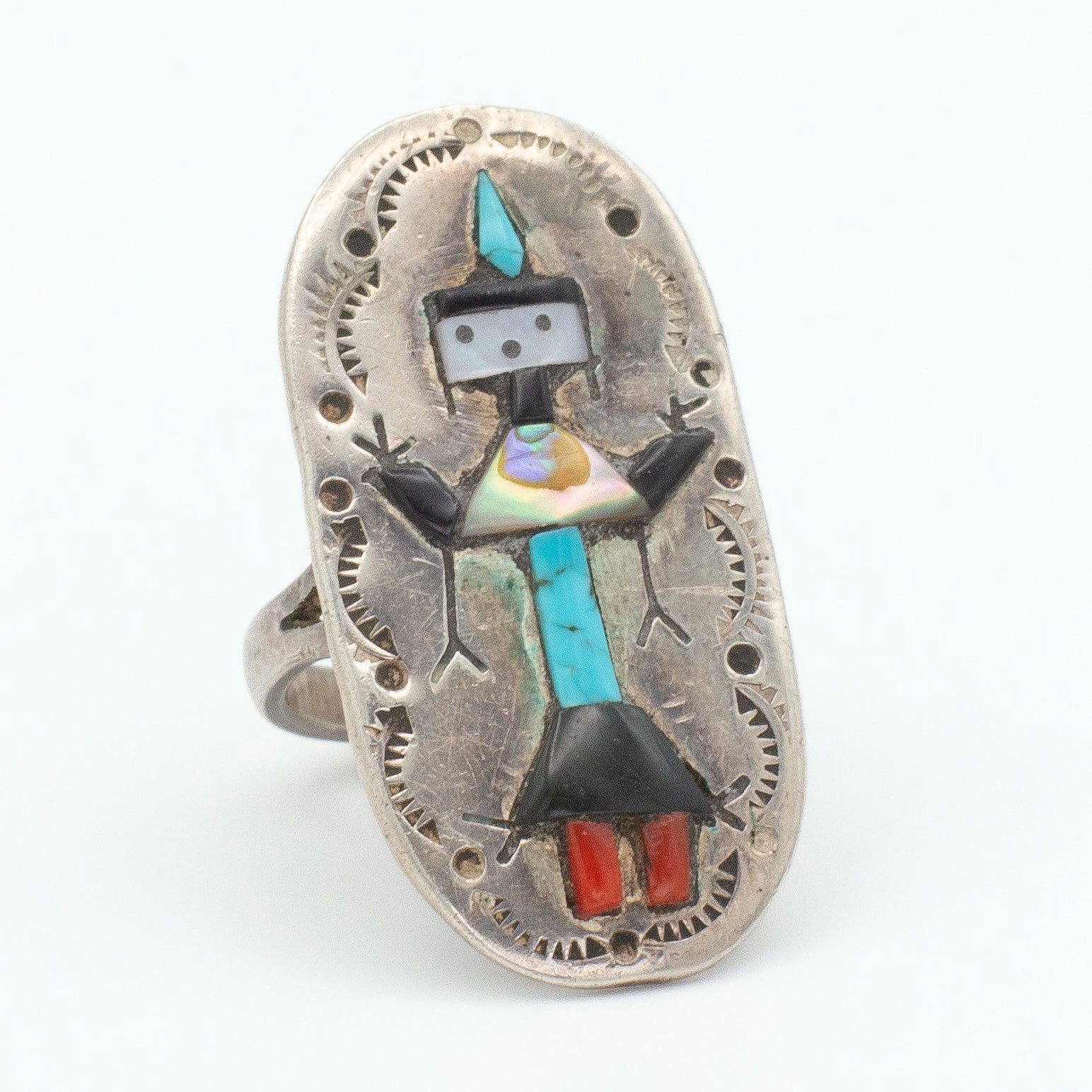 Opulent Gem Outdoor Light Navajo Handmade Sterling Silver Turquoise Coral Ring (Hallmark Unknown) (Size 8)