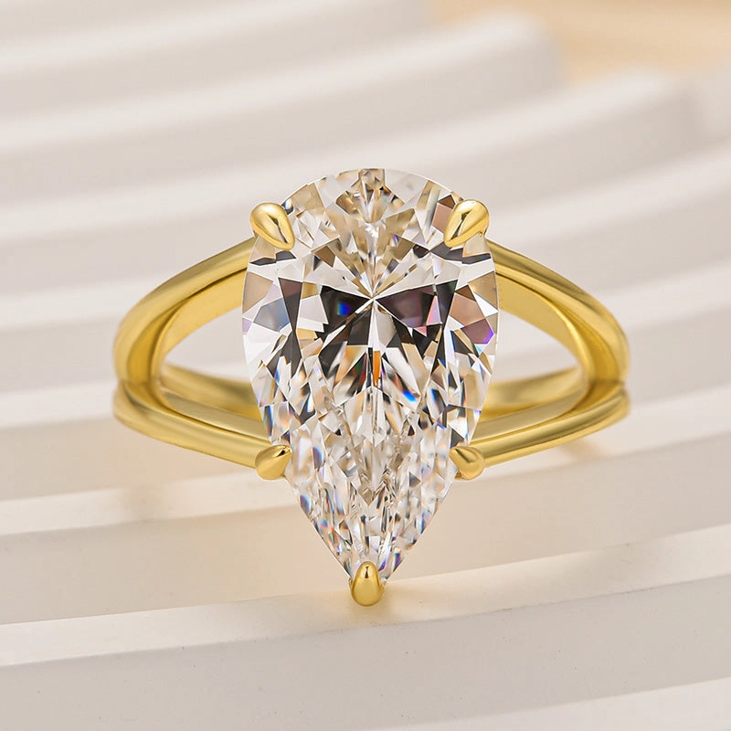 Louily Yellow Gold Split Shank Pear Cut Engagement Ring In Sterling Silver Vintage Look Comfortable Design