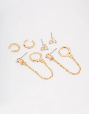 Gold Plated Brass Baguette Chain Flower Earring 4-Pack Birthday gift