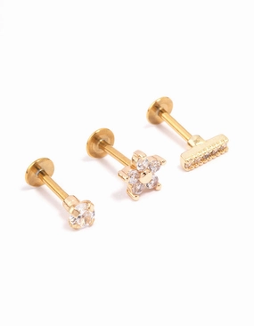 Gold Plated Surgical Steel Cubic Zirconia Floral Flat Back 3-Pack Heirloom Accent