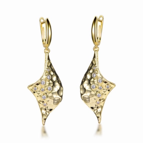 Exquisite Touch Gold Plated Sterling Silver CZ Accent Hammered Gold Drop Earrings