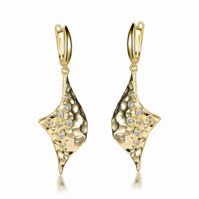 Exquisite Touch Gold Plated Sterling Silver CZ Accent Hammered Gold Drop Earrings
