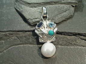 Turquoise, Blue Topaz, Iolite, Pearl, Sterling Silver Pendant Striking Detail Candid Shot