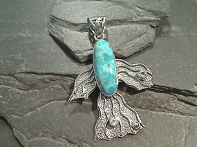 Turquoise, Blue Topaz, Sterling Silver Large Pendant Gleaming Gem Subtle Pop