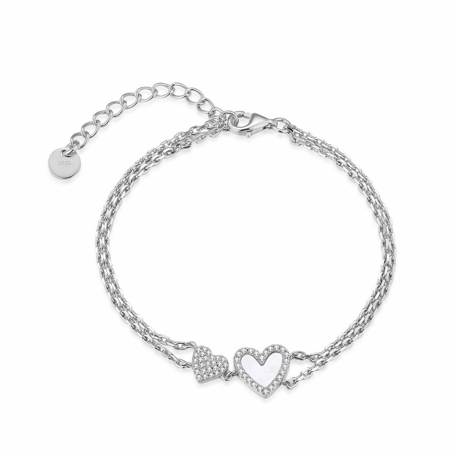 Evening Gift Gorgeous Finish Sterling Silver Micropave Two Strand Double Heart Bracelet