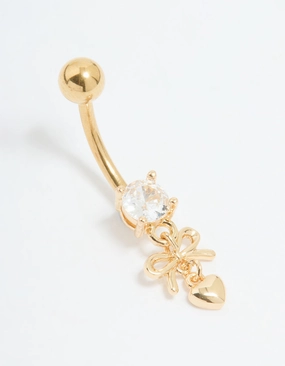 Gold Plated Surgical Steel Fine Heart & Bow Belly Bar Elegant Outline