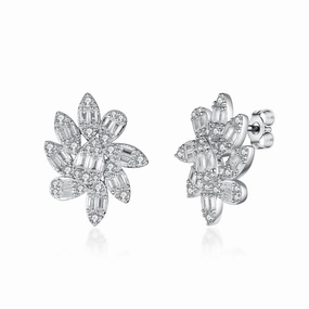 Sterling Silver Floral Design Baguette and Round CZ Stud Earring Shiny Jewelry Look