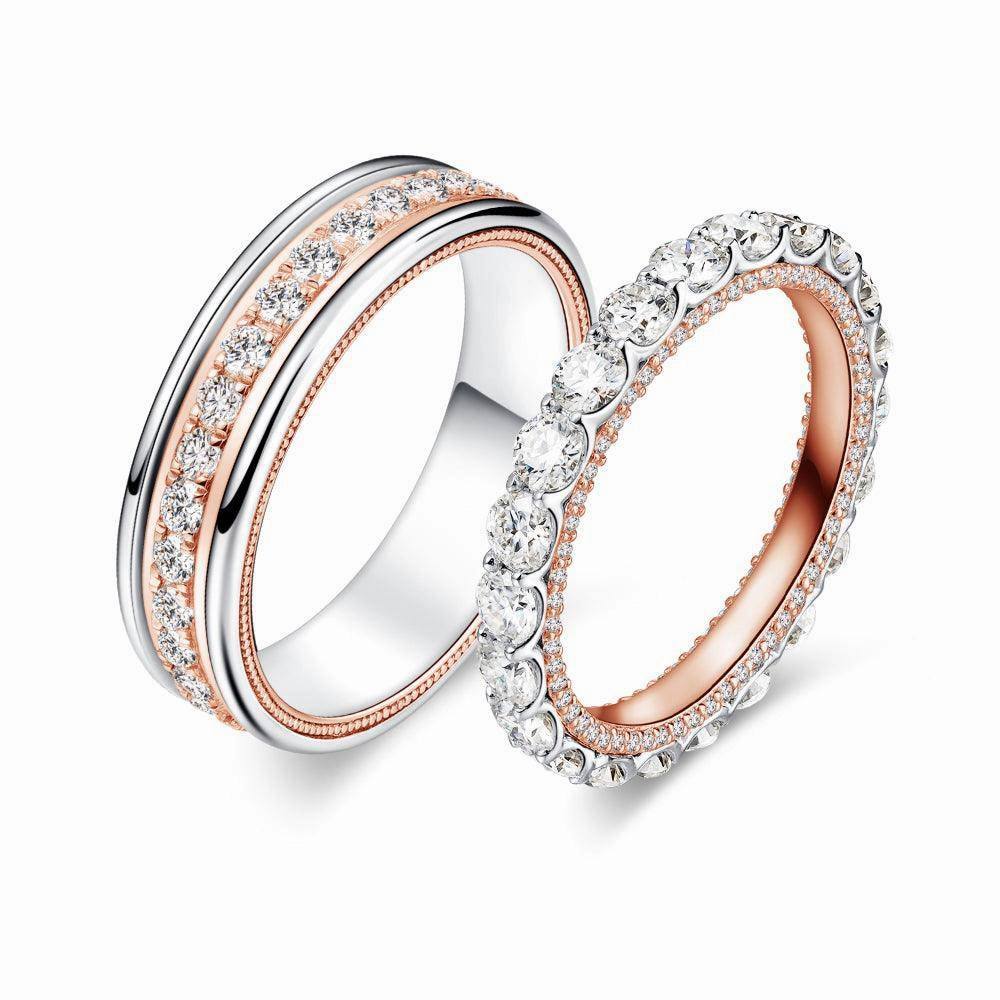 Two Tone Round Moissanite Eternity Couple's Ring Set Premium Appearance Youth Accessory