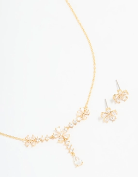 Gold Plated Cubic Zirconia Flower Drop Necklace & Earrings Set Contemporary Style Soft Match