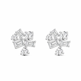 Dressed Up Look LADIES STUD EARRINGS 3 1/2CT EMERALD/ROUND DIAMOND 14K WHITE GOLD