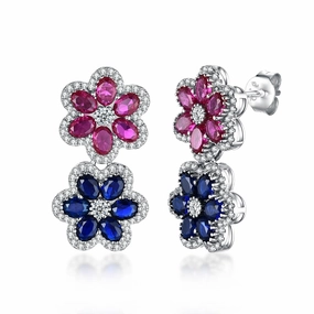Work Ready Sterling Silver Sapphire and Ruby Colored CZ Double Flower Earring