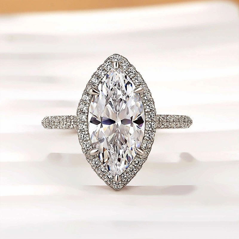 Luxury Insignia Branded Symbol Unique 3.0Ct Halo Marquise Cut Engagement Ring In Sterling Silver