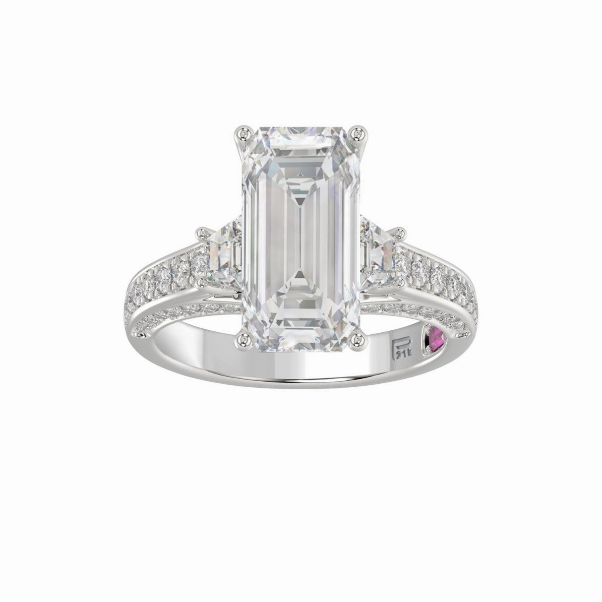 LADIES RING 4.00CT ROUND/EMERALD/BAGUETTE DIAMOND WHITE PLATINUM (CENTER STONE EMERALD DIAMOND 3CT) Petite Style