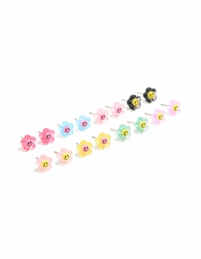 Vivid Accent Multicoloured Acrylic Smiley Flower Stud Earrings 8-Pack