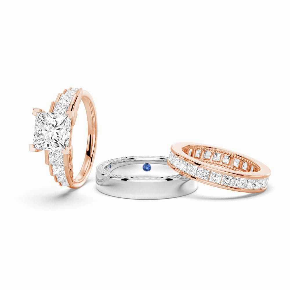 Warm Finish Unique Cinderella Staircase Princess Cut Moissanite Couple's Ring Set with Men's Wedding Band