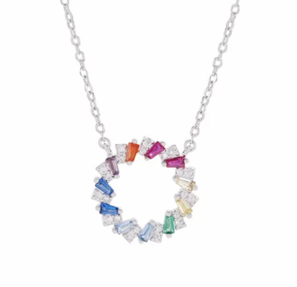 Daily Collection Vibrant Pieces Sterling Silver Circle With Colorful Baguettes CZ Necklace