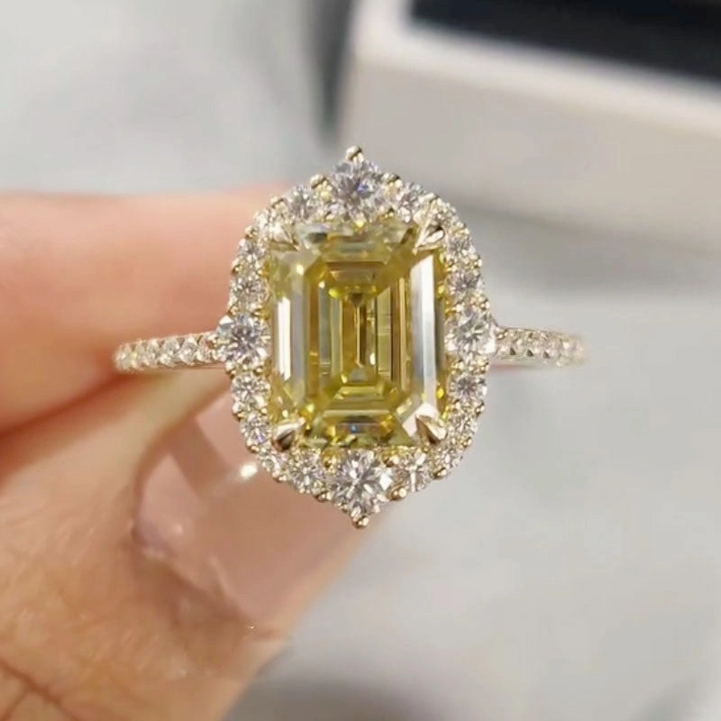 Contemporary Token Strong Adornment Vintage 3.5Ct Emerald Cut Yellow Stone Engagement Ring In Sterling Silver
