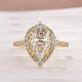 Moissanite 2.5 Ct Halo Pear Cut Yellow Gold Travel Ring Creative Accent Premium Embellishment