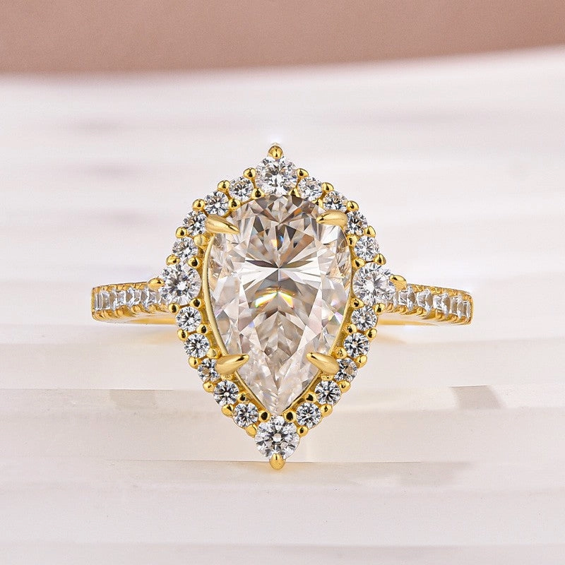 Moissanite 2.5 Ct Halo Pear Cut Yellow Gold Travel Ring high-end design Lustrous Finish