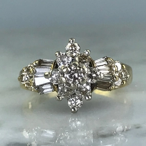 Everyday Look Diamond Art Deco Cluster Ring. 10K Yellow Gold. April Birthstone. 10 Year Anniversary Gift.