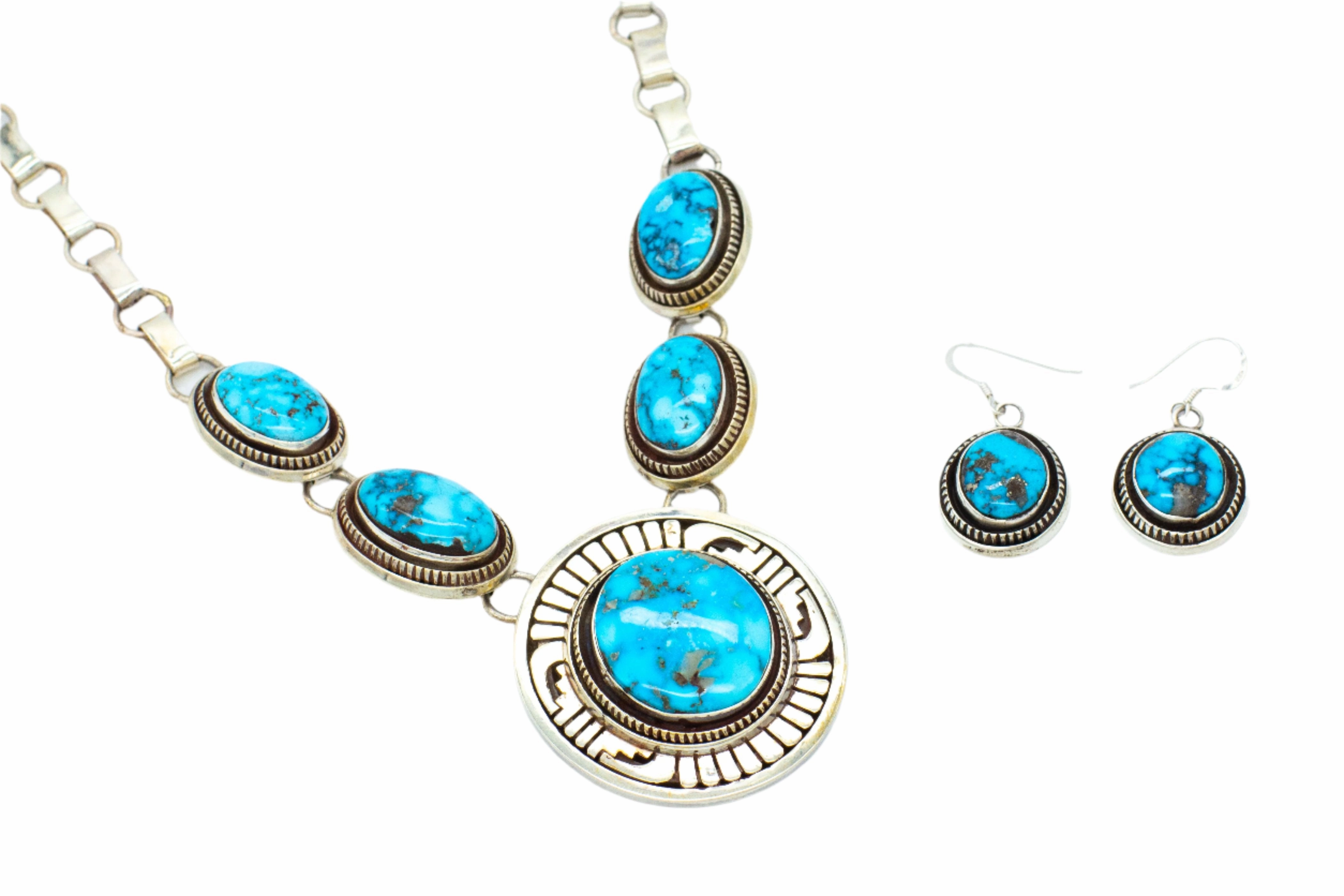 Unique Finish Leonard Nez Navajo Handmade Sterling Silver Turquoise Pendant Necklace and Earrings Set