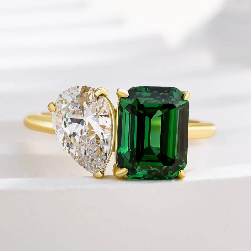 High-Quality Style Louily Special Double Stones Design Emerald & Pear Cut Engagement Ring In Sterling Silver
