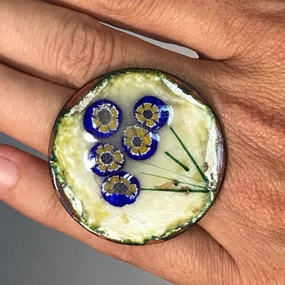 Smooth Finish Distinctive Highlight Upcycled Flower Statement Ring. Vintage Blue Painted Flowers. Recycled Ring.