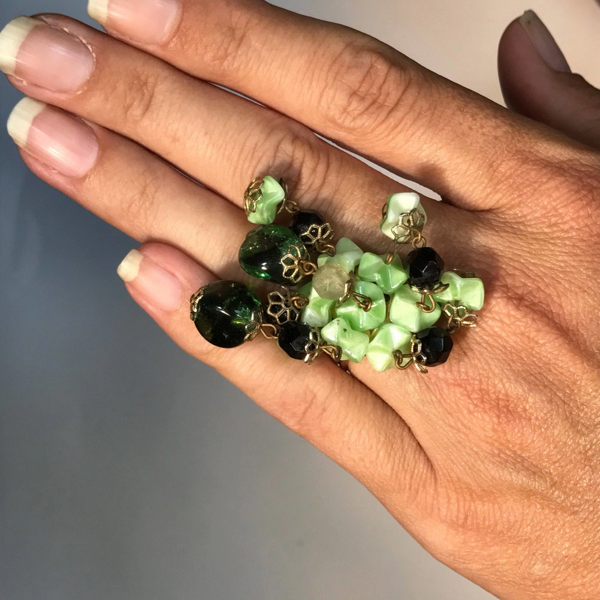 Timeless Shine Shine Luxe For Less Upcycled Green Beaded Statement Ring. Recycled Estate Jewelry.