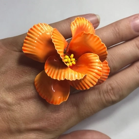 Upcycled Orange Enamel Flower Ring. Tropical Flower Ring. Recycled Estate Jewelry Sophisticated Detail