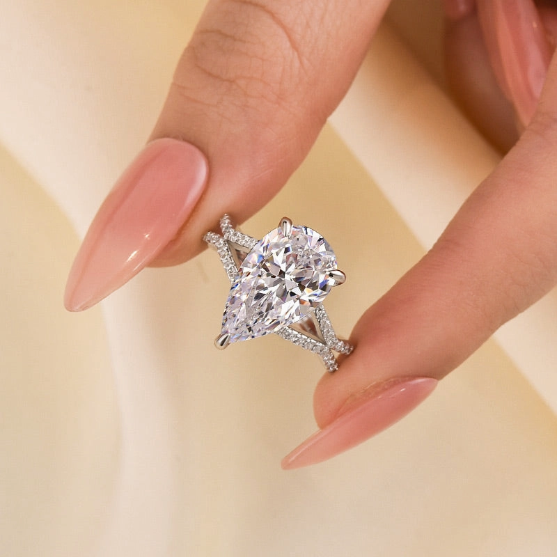 Louily Split Shank Unique Pear Cut Engagement Ring In Sterling Silver Balanced Form