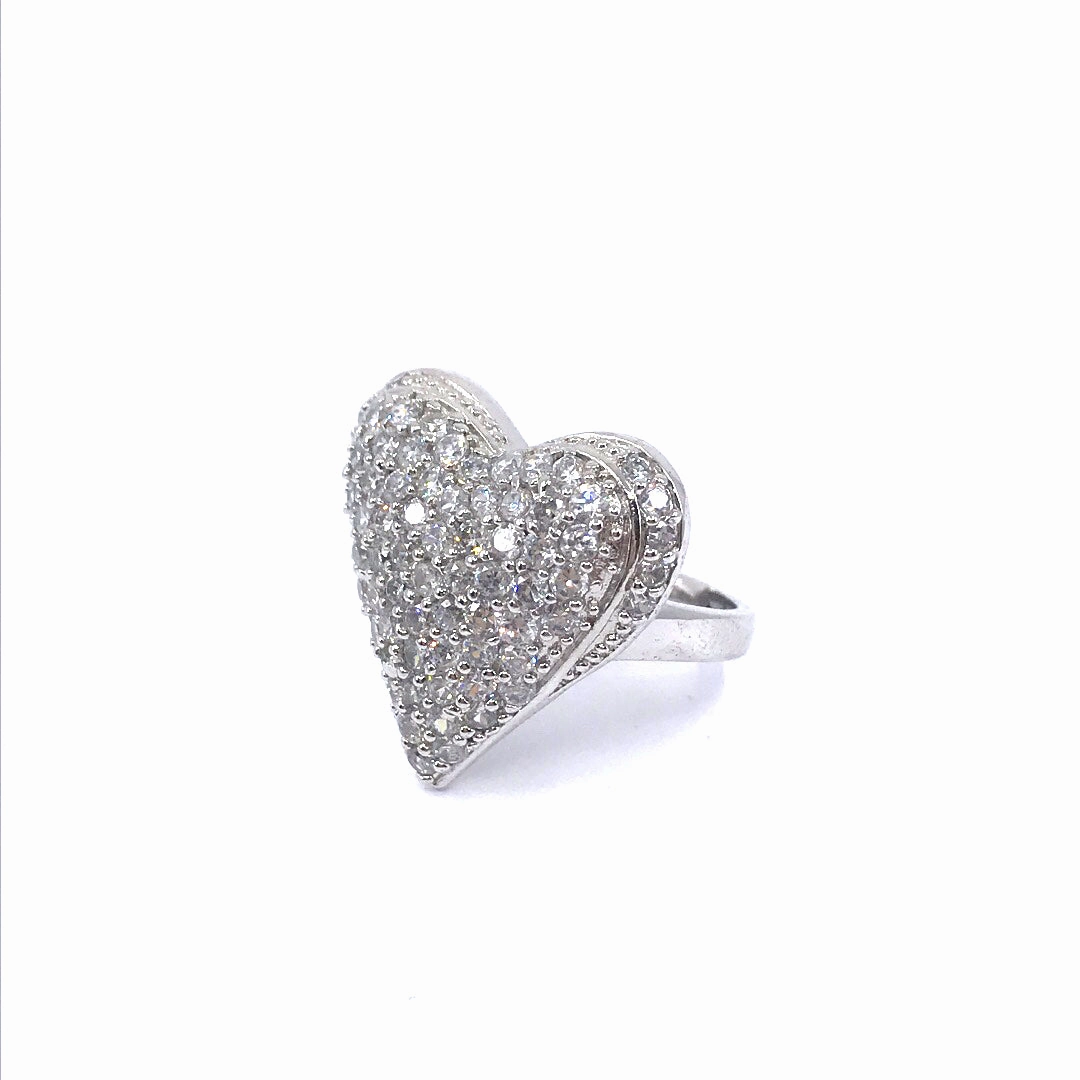 Luxe Design Fashion Element Rhodium Plated Sterling Silver Large Micropave CZ Heart Ring