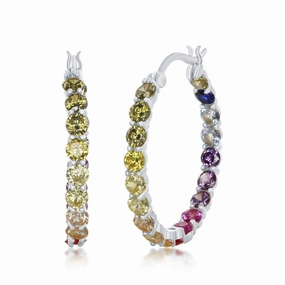 Day To Night Sterling Silver 3x25mm Inside-Outside Rainbow CZ Hoop Earrings