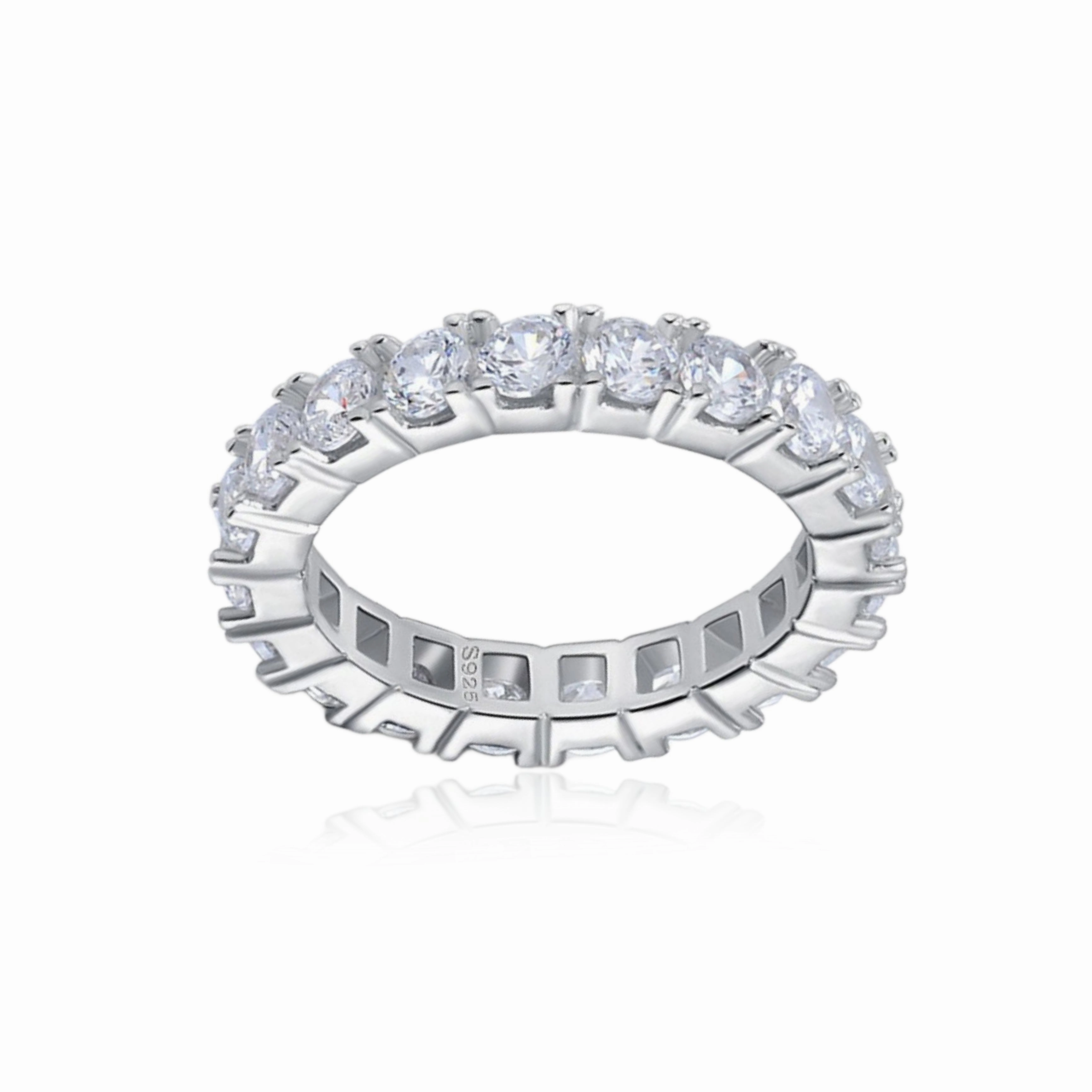 Shine Accent Rhodium Plated Sterling Silver 3mm CZ Eternity Band Ring in Basket Setting