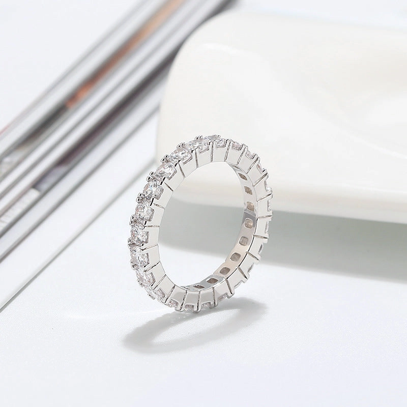 Rhodium Plated Sterling Silver 3mm CZ Eternity Band Ring in Basket Setting Ornate Accent Fashion Edge