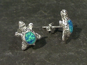 Created Opal Turtle Stud Earrings, Sterling Polished Craft