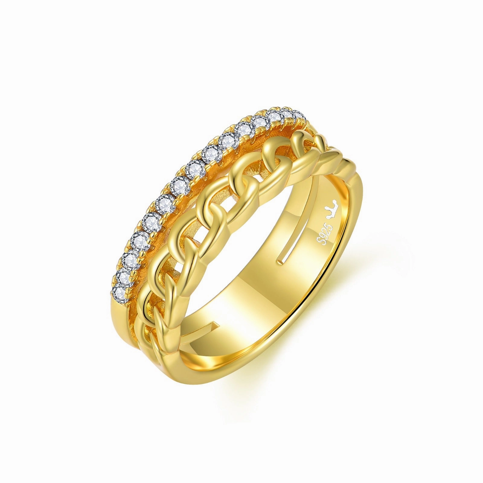 Quick Layer Stylish Accessory Sterling Silver Gold Plated Double Row Cuban Chain and CZ Ring